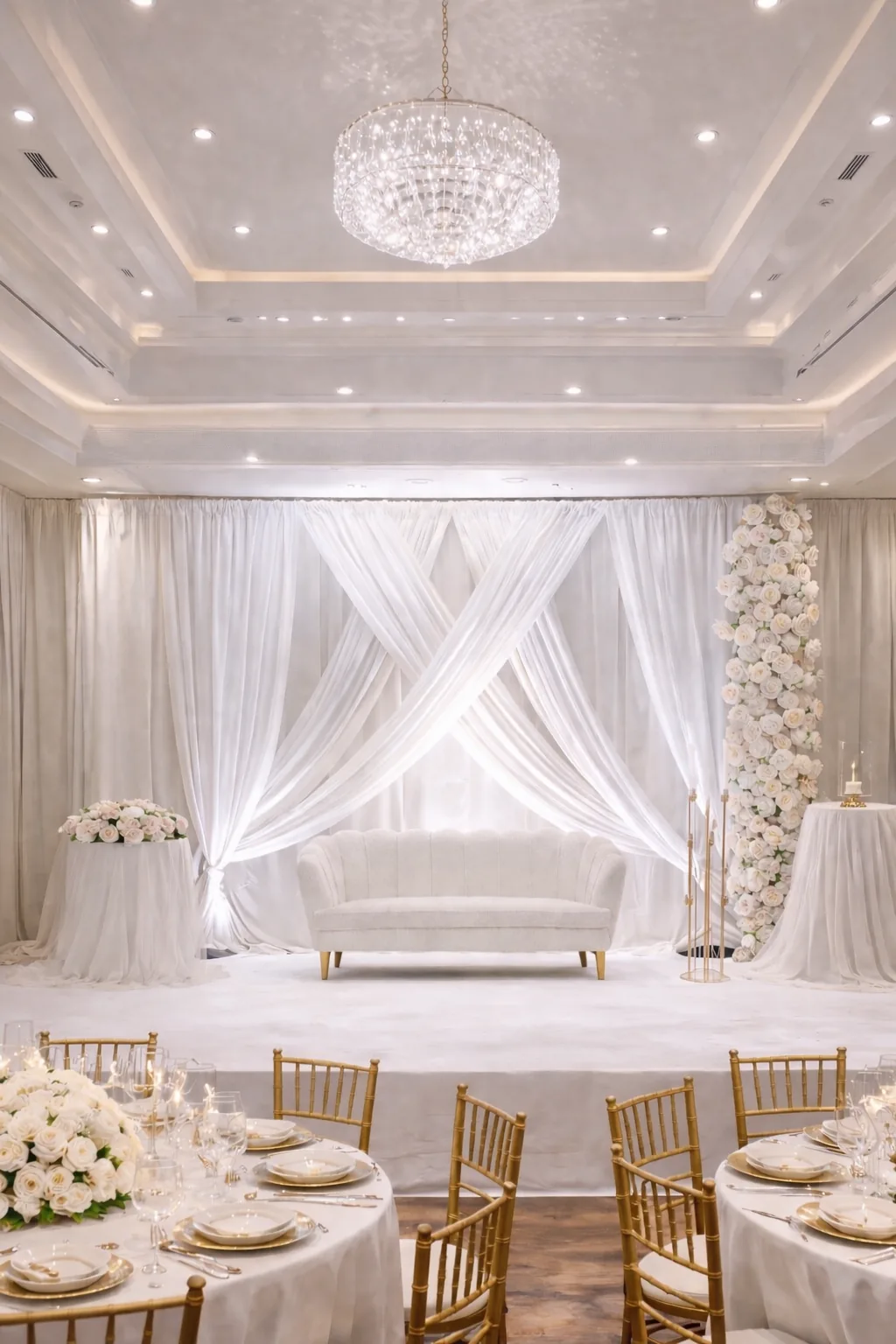 Buffalo wedding stage decoration with backdrop and floral styling by WNY Decor.